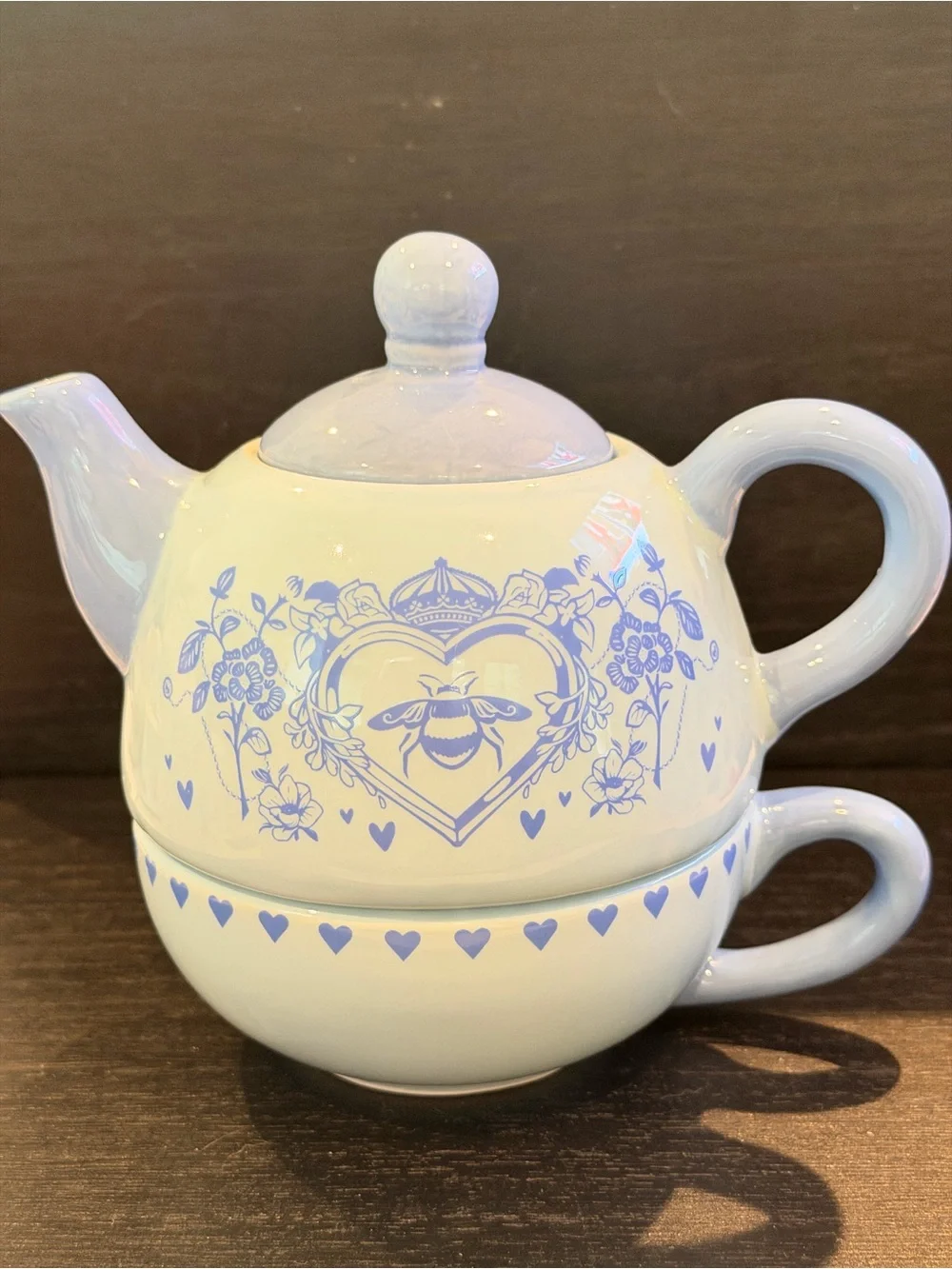 Blue Bee Heart Ceramic Teapot and Cup Set